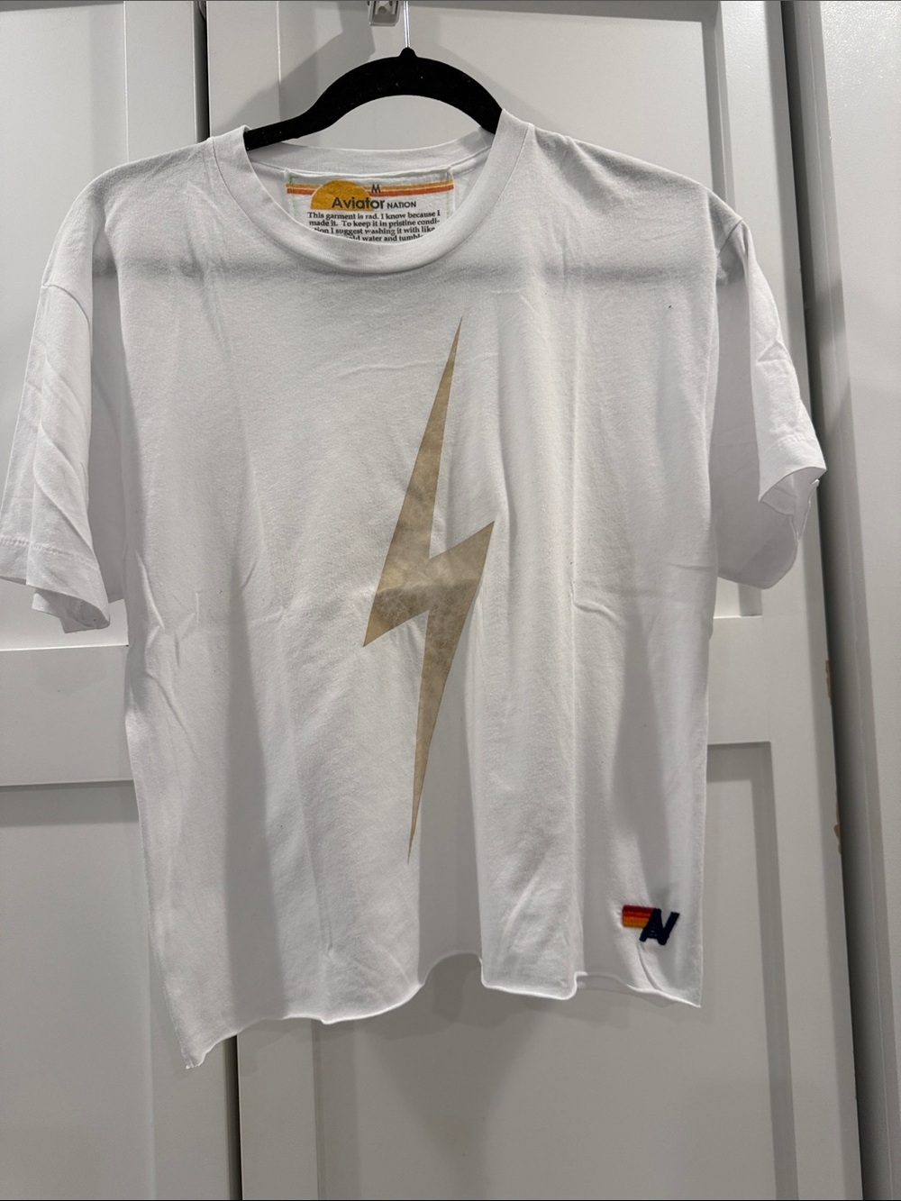 Aviator Nation White Tee with Gold Lightning Bolt